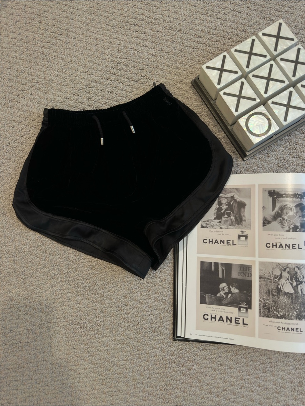 Saint Laurent Black Velvet Athletic Shorts with Satin Trim